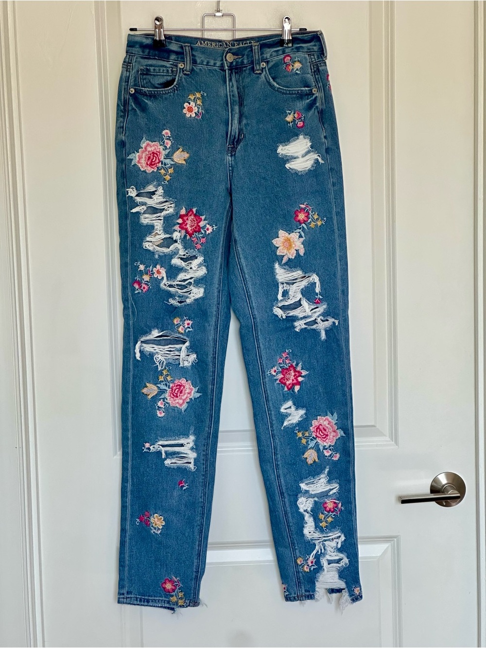 American Eagle Outfitters Embroidered Distressed Blue Straight Leg Jeans